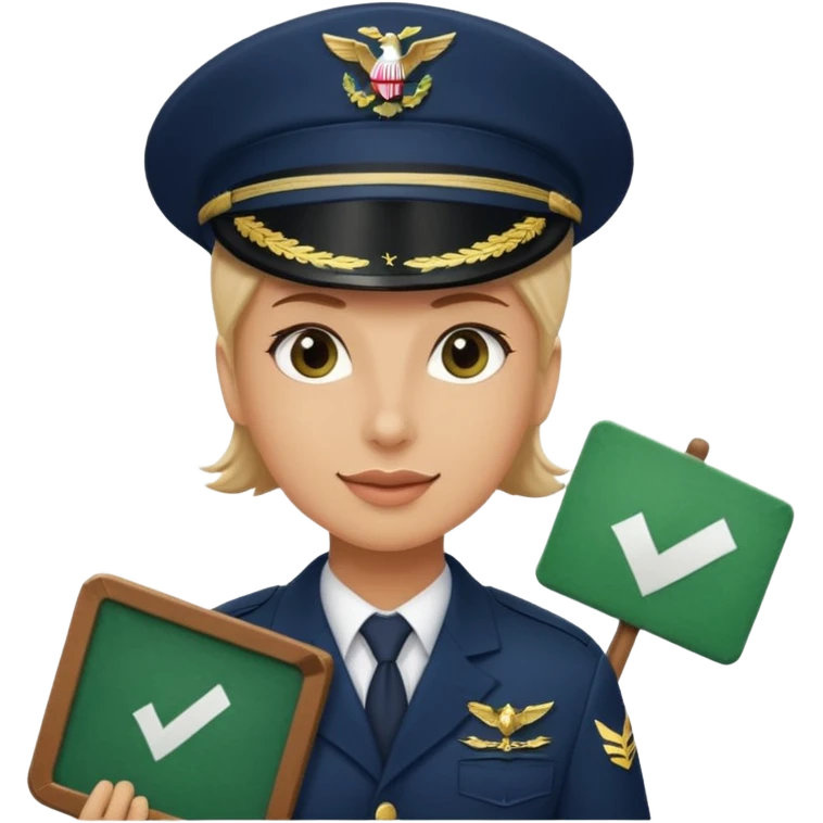 Slack-style emoji of a pilot wearing a slightly tilted navy captain hat holding a green board with a white check mark emoji