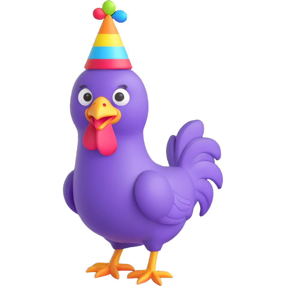 Make the chicken purple, similar to the hendance emoji in Microsoft Teams, and add a colorful party hat. Keep the style consistent and background transparent. emoji