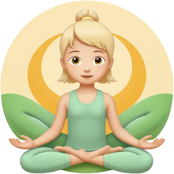 Flat illustration emoji of a small child practicing yoga, simple pose, calm and happy expression, soft pastel colors (yellow, green, soft orange), rounded shapes, minimal details, child-friendly, gentle and warm style, vector illustration, no background, cohesive style with kindergarten branding emoji