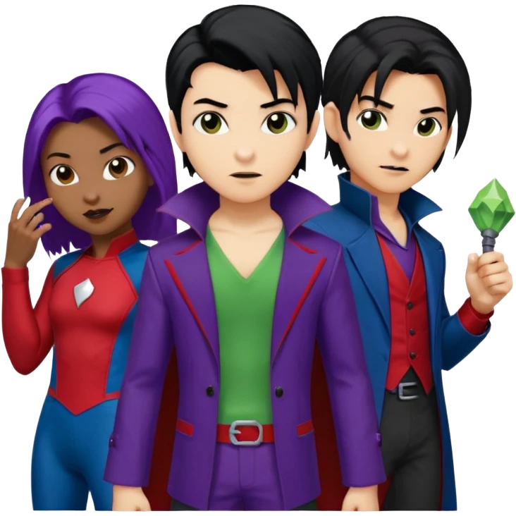 Solo poly platonic relationship, one African girl, one Asian boy, one biracial features Asian tomboy girl rat-tail hair long and upper masculine hair 90s, vampire and marvel cosplay elements inspired  use marvel colours, like instead of obvious human, green purple blue etc,  emoji