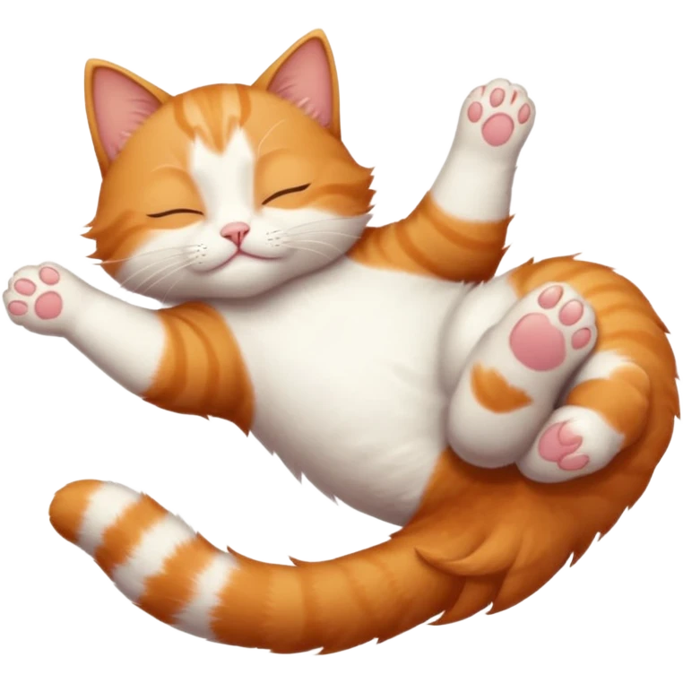 ginger and white small cat eyes closed lying down upside down with paws stretched out straight in different directions emoji