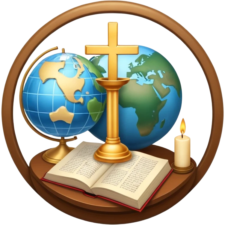 An icon featuring a holy book, a candle, a cross, and Islamic crescent and star, alongside a Buddhist wheel of Dharma, symbolizing religious studies. The design includes a globe with these symbols, representing the diversity of beliefs. Transparent background  emoji