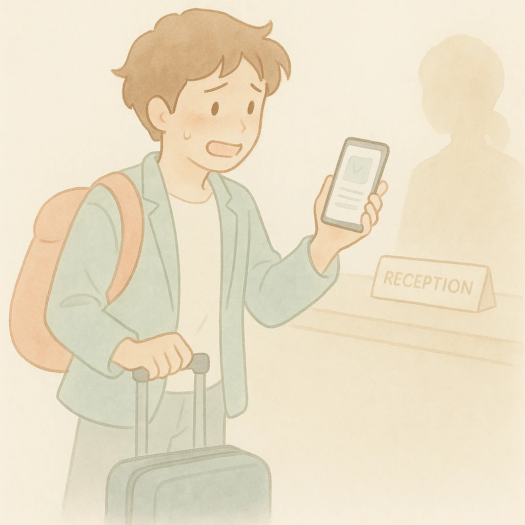 Create an illustration of a person with an excited, slightly nervous expression standing at a hotel reception desk, holding their luggage and a booking confirmation on their phone. The style should be soft watercolor with pastel colors, delicate linework, a gentle, whimsical mood, anime-inspired features, and minimal, soft shading. Maintain the original watercolor art style and mood. emoji