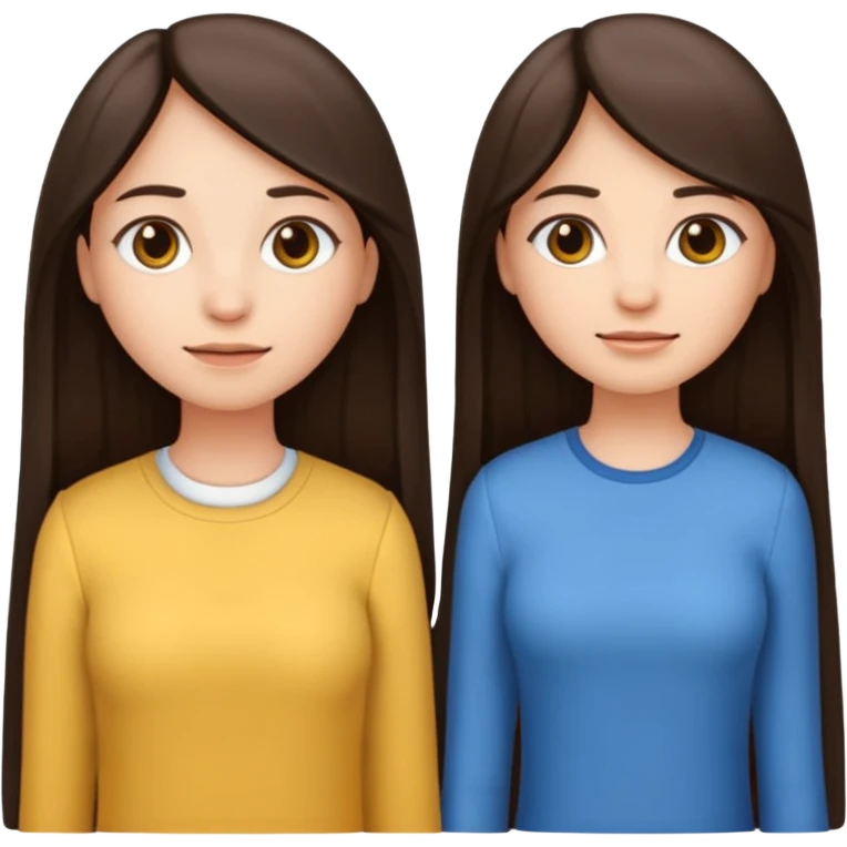 generate me emojis of sisters, one should look older, the other younger. the older one has dark brown hair, long, straight, the younger one is slightly lighter, also straight, long. clothes are any in principle, the main thing is that they more or less look like each other emoji