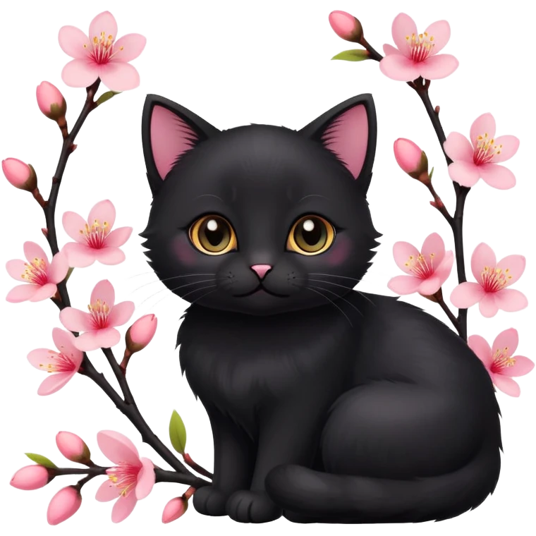A cute  little  black cat and peach blossom emoji