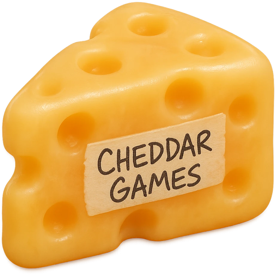 Place the tape with 'Cheddar Games' in messy Sharpie handwriting in the center of the cheese wedge. Make the cheese look soft, almost like a gummy bear, with more rounded edges and a translucent, glowing appearance. Keep the Swiss-style holes. Render in a hyper-realistic, retro 90's toy plastic texture with soft reflections, soft and squishy feel, some cloudiness, not shiny, highly detailed, and appealing. No background. Extremely high quality. emoji