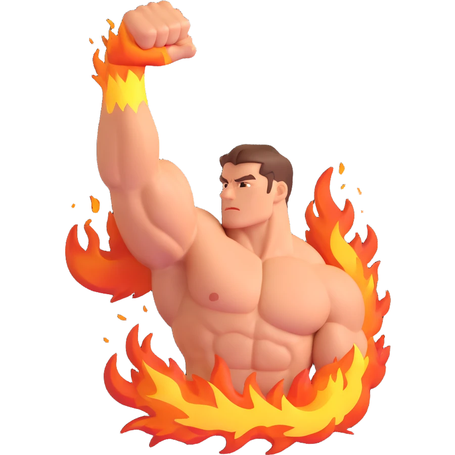 a strong arm flexing with flames and sparks bursting around it, vibrant and eye-catching emoji