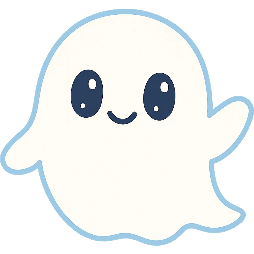 cute ghost with a friendly expression, floating, simple style, white with soft blue shadows emoji