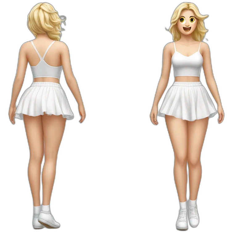 Hyperrealistic Full body Caucasian curvy beauty jumping short white skirt back and front views strong wind knickers long white socks emoji