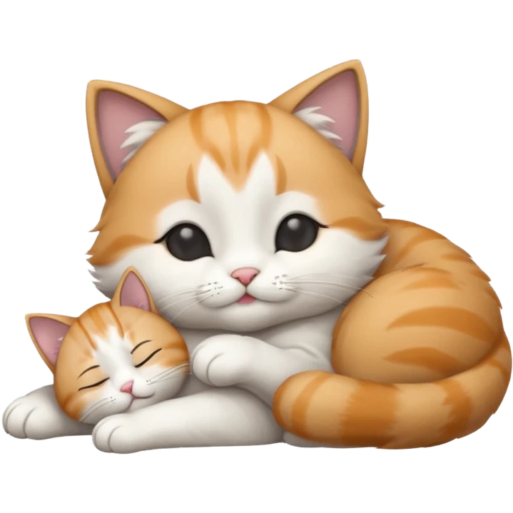 grey and white small cat with its eyes closed lying down with its paw holding up his head emoji