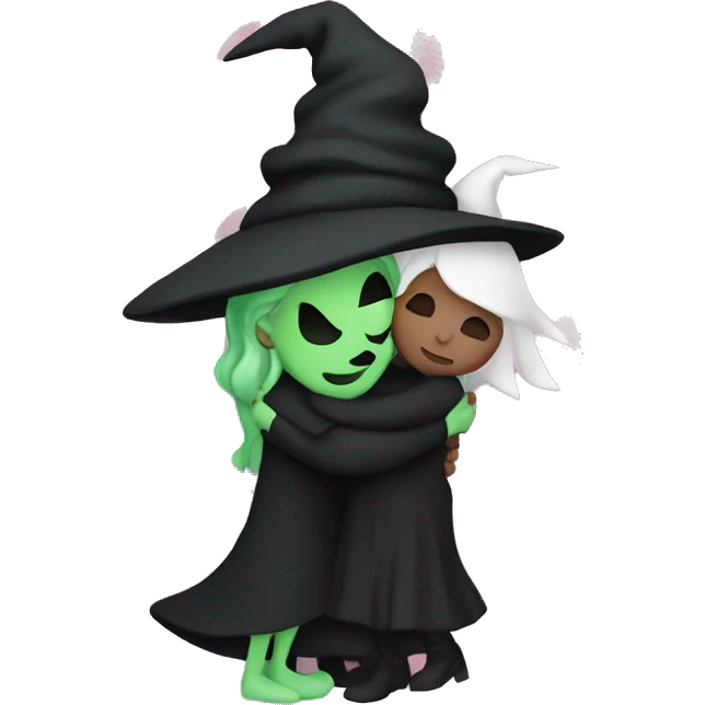 Witch dressed in black with green skin hugging pink dressed white witch emoji