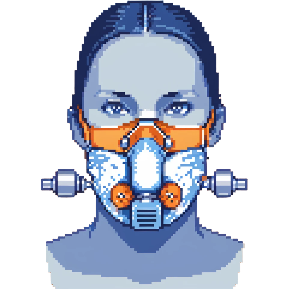 Pixelated blue VO2 max face mask with breathing tubes and valves, no person emoji