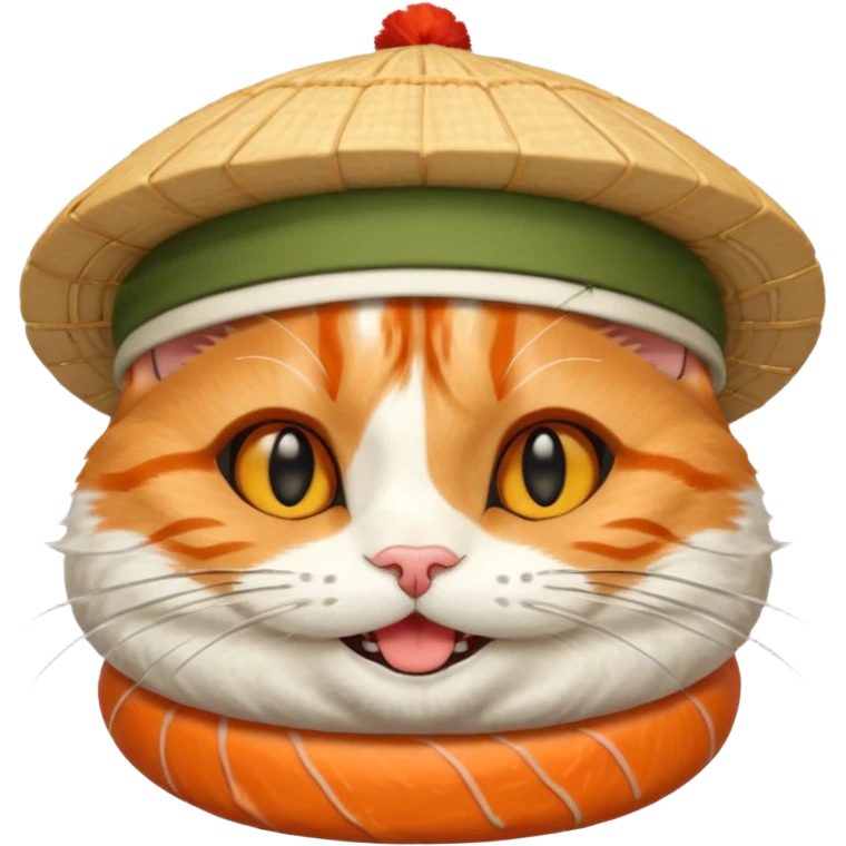 happy cat wearing a hat made only out of sushi emoji