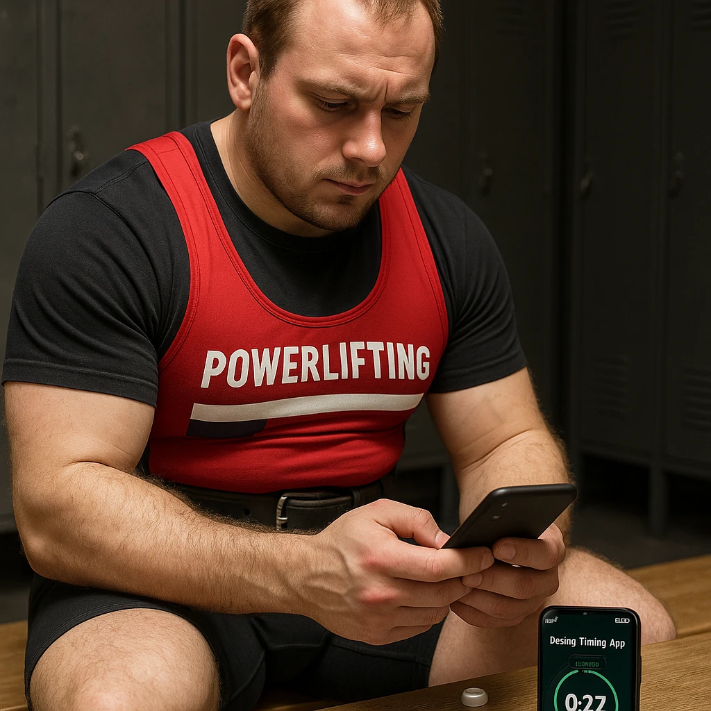 European powerlifter in competition clothing consulting a smartphone with dosing timing app, short detection doping vial on table, reserved atmosphere, realistic details, locker room background emoji
