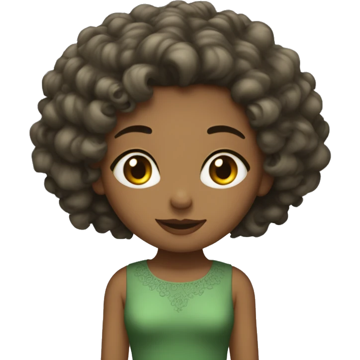 A 5'2ft girl with Features of Ghazala brow short curly hair and wear a long green dress emoji