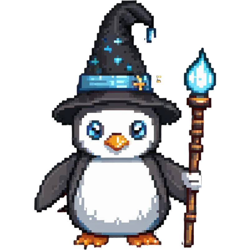 penguin wizard with a pointy hat and magic staff emoji