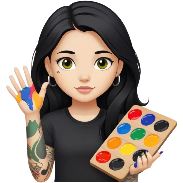 A girl with long black hair  light complexion and hazel eyes and black tattoos on right arm holding a paint palette  wearing black shirt emoji
