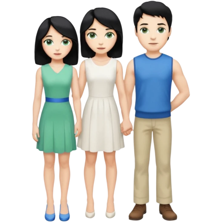 prince, standing upright, black Hair, blue eyes, garment, and woman, bending knee, sleveless white dress, blonde hair, green eyes, emoji