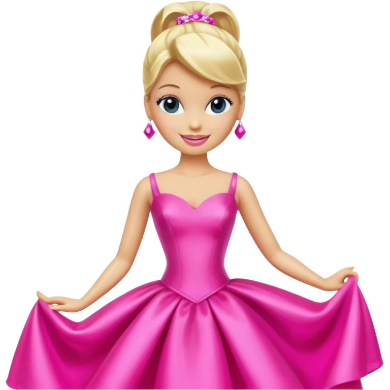 En klassisk blond modedukke med høj hestehale, iført en glamourøs hot pink aftenkjole, skinnende plastik-tekstur, smilende, ikonisk legetøjs-æstetik. emoji