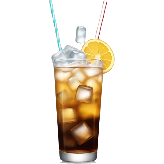 a tall and thin highball cocktail with 2 colors, brown on the bottom and clear water on top with crush ice and a straw, juste one drink, clear separation between colors emoji