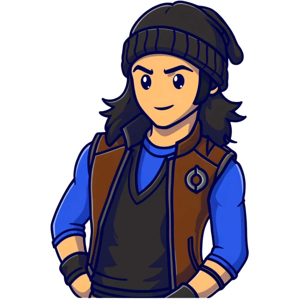 Jay from Descendants, long hair in a beanie, leather vest, athletic build emoji