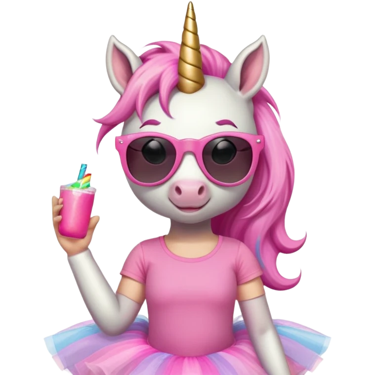 friendly anthropomorphised female unicorn with horse-like face, in tutu and pink t-shirt, wearing dark sunglasses, relaxed pose, close-crop head and shoulders emoji