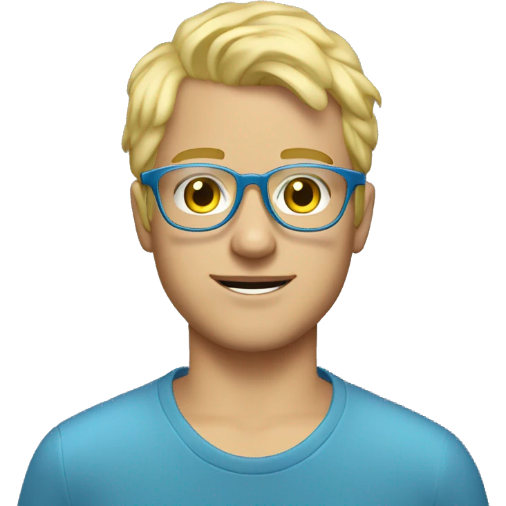 my boyfriend with blond hair 2 silver chain a blue long sleeve and transparent glasses a light yellow  emoji