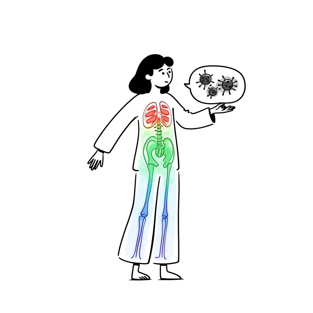 Conceptual medical illustration showing anti-inflammatory process: human body outline with glowing joints, blue and green healing energy radiating, red inflammation areas being neutralized, small view of calming immune cells, clean clinical aesthetic with futuristic medical background emoji