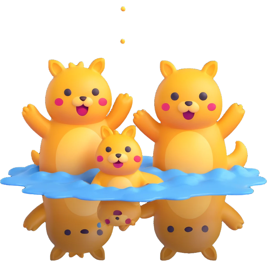 two cute cartoon animals splashing in a puddle, playful, emoji style emoji