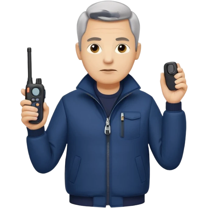 Security, Middle-aged, wearing navy blue jacket, serious facial expression, holding walkie-talkie, full body emoji