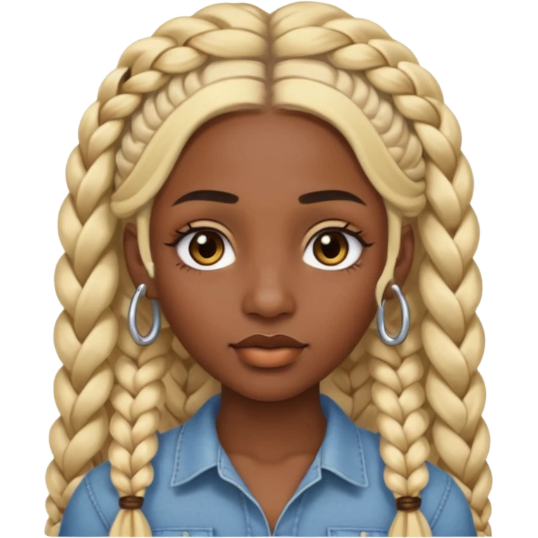 A dark-skinned woman with long blonde hair styled into two thick braids, large golden-brown eyes and arched eyebrows.  a silver eyebrow ring, a nose stud, and a lip ring. emoji