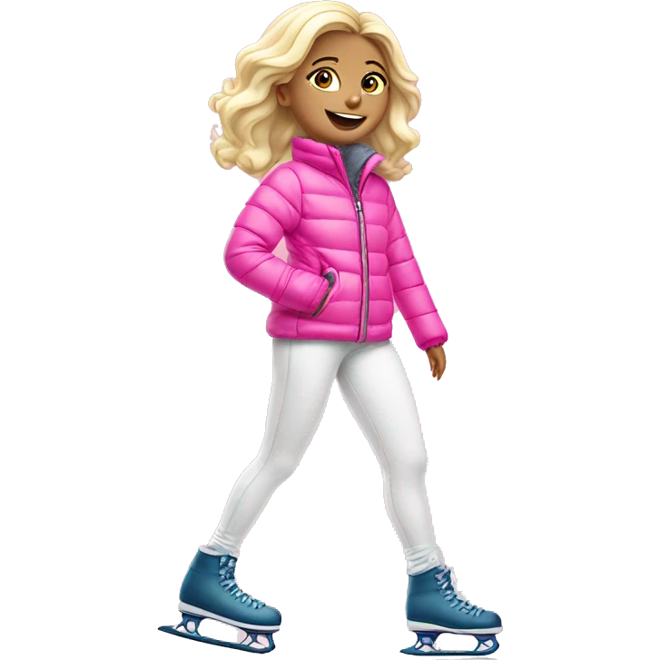 White blond girl on skates in cute pink puffer jacket and white leggings  emoji