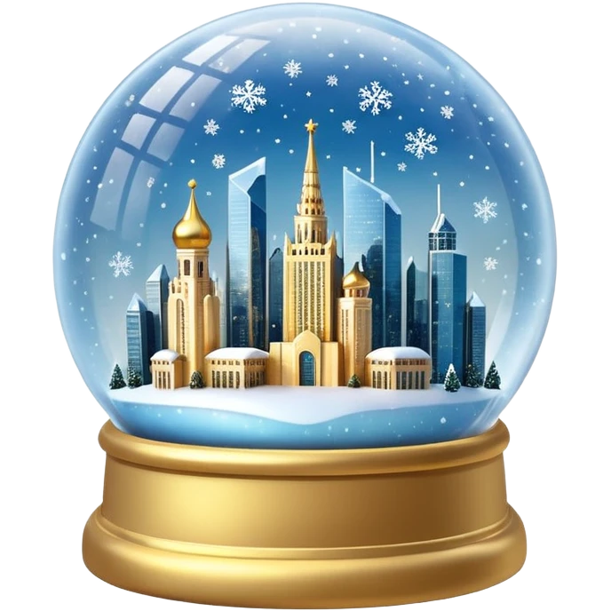 Apple style 3D emoji of a crystal snow globe. Inside the globe are the glowing skyscrapers of Moscow City (Federation Tower and Evolution Tower) covered in snow. Golden sparkles and snowflakes floating inside. High-quality
3D render, glossy glass, soft lighting, isolated on a white background. emoji