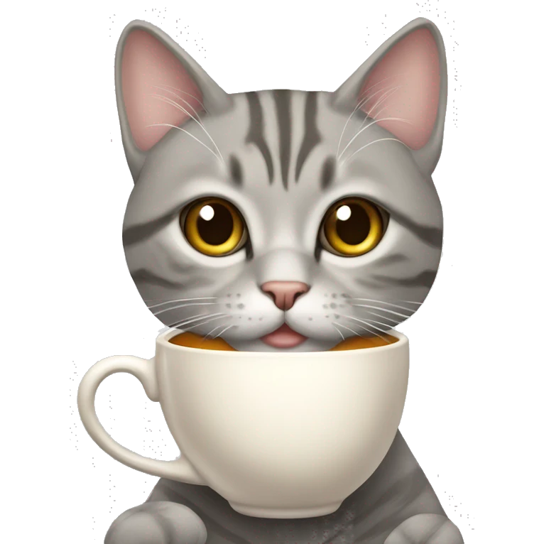 hazel eyed grey Tabby cat holding a cup of tea emoji