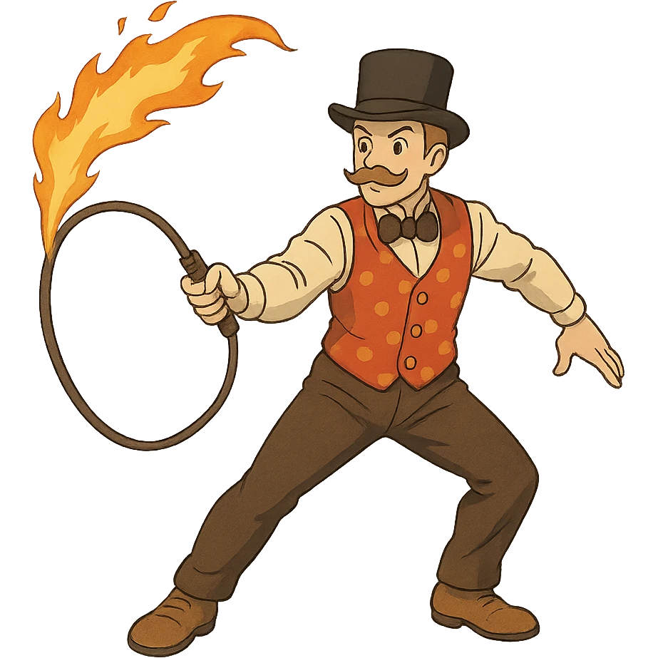 ghibli style vintage circus artist with a fire whip, no background emoji