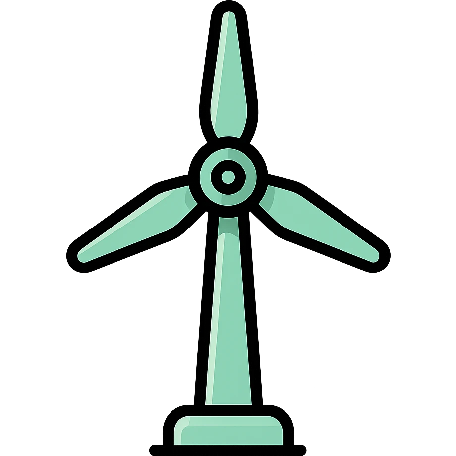 Skeuomorphic wind turbine icon with mint green #B5F4D3 and black #111111 color scheme, showing a detailed turbine with realistic blades, clean symmetric design with subtle depth and soft light emoji