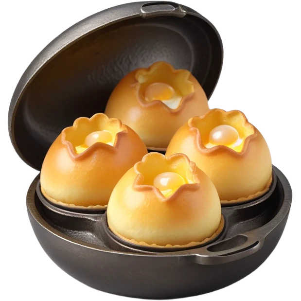 3D rendered authentic Hong Kong egg puffs (港式鸡蛋仔) being made in traditional iron mold, half-open showing bubble formation, golden batter, hyper-realistic texture emoji