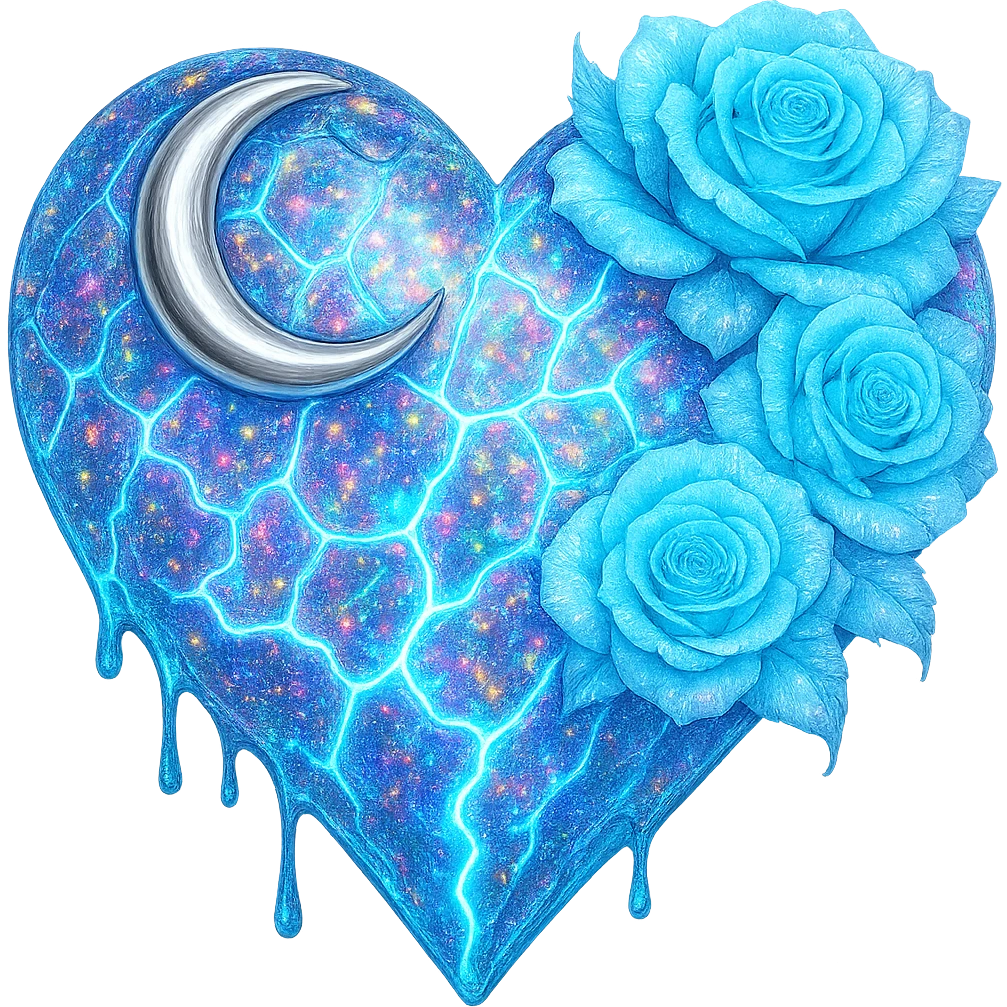 Add much more holographic stardust to the gothic heart with fractured light blue glass, silver crescent moon, light blue roses, neon lightning bolts, and a wet, shiny finish. Keep the background transparent. emoji