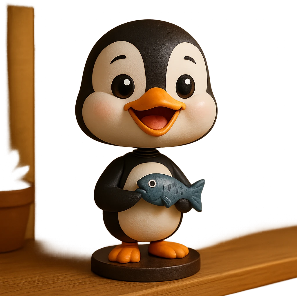 penguin holding a fish, cheerful expression emoji