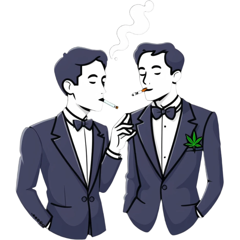 Two men in tuxedos smoking cannabis at a wedding party emoji