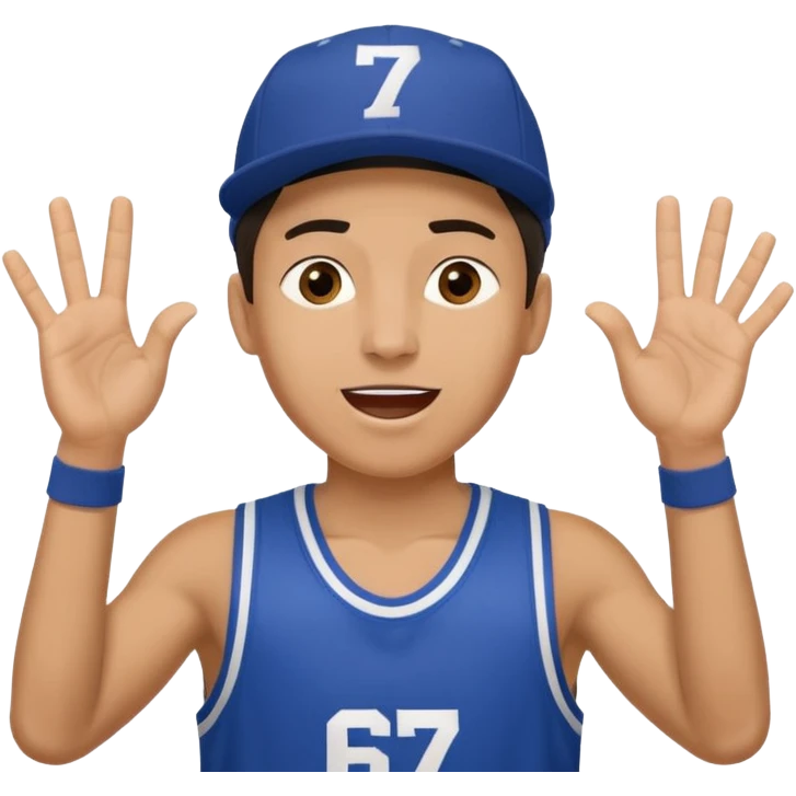 Maverick Trevillian in the crowd at an amateur basketball game. He leans towards the camera and enthusiastically shouts "six seven while performing a distinctive hand gesture: both hands open, palms facing upward, moving up and down as if weighing two options. emoji