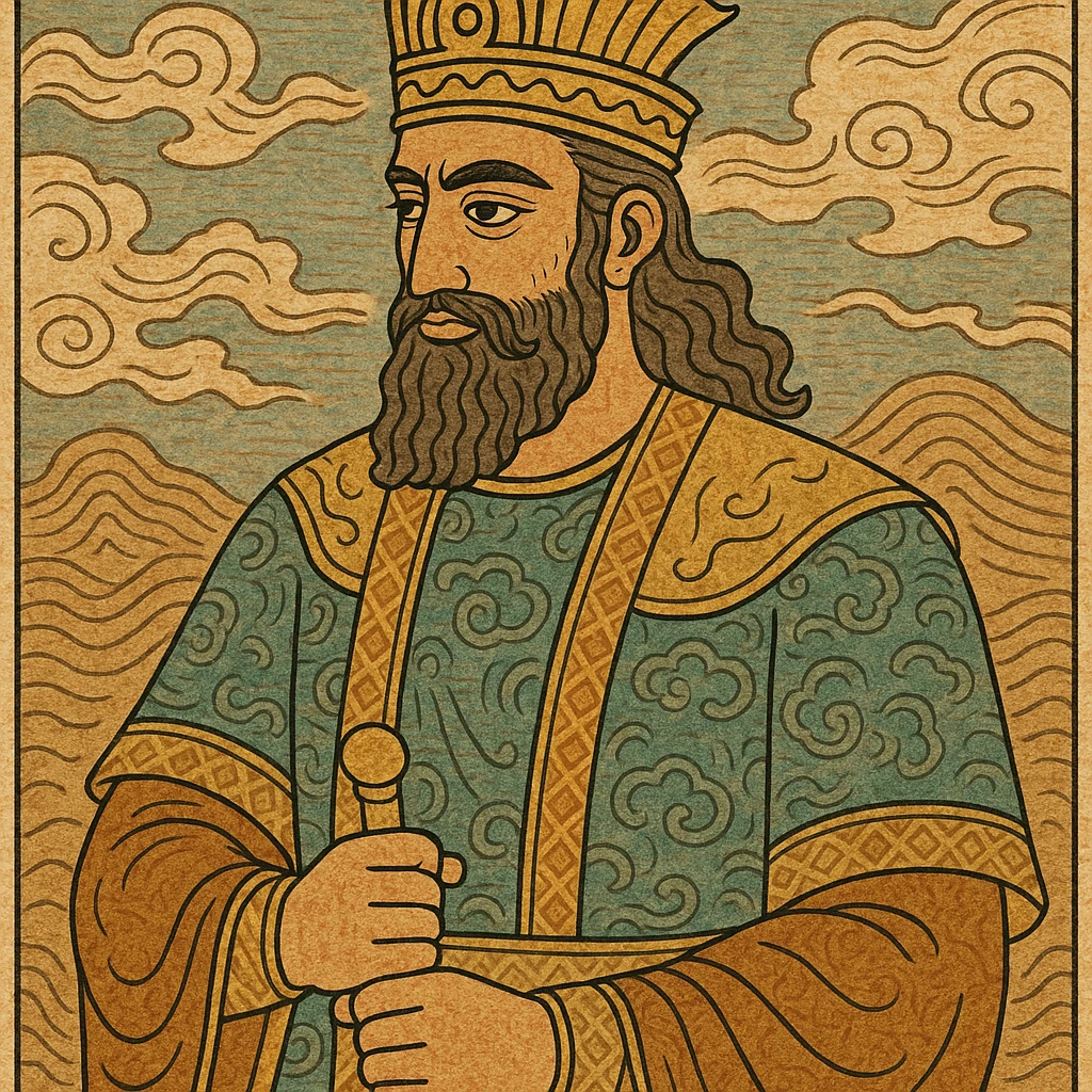 Cyrus the Great, ancient Persian king, regal attire, crown, beard, historical, Persian miniature style emoji