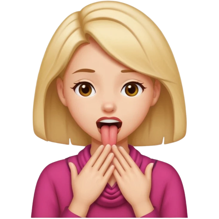 A girl with her tongue out and her hands around the neck shaking hear head  emoji