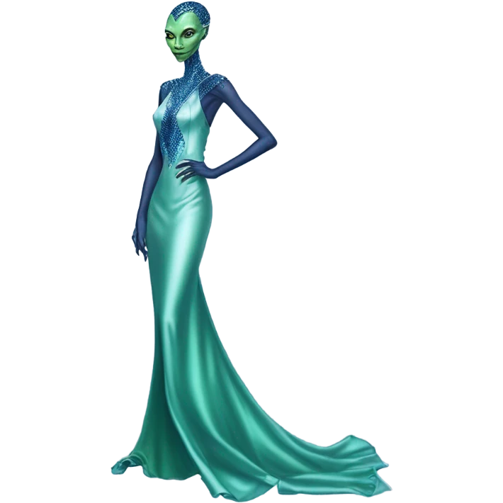 reptilian green alien woman, in long slim pastel blue formal party satin dress with gradient shiny sparkling navy blue diamonds embroidered, full body full figure emoji