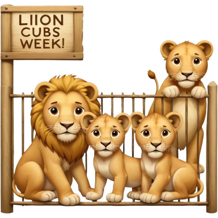 Un letrero del zoológico que dice “LION CUBS — BORN LAST WEEK” y delante una leona con sus cachorros recién nacidos, con la gente mirando emocionada desde la reja.






 emoji