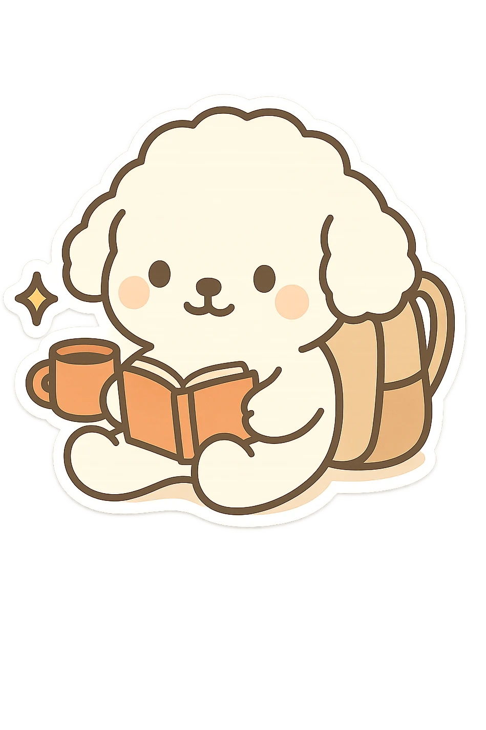 Transform the image into a WhatsApp sticker by removing the background and leaving only the cute little dog sitting and reading a book. Add a white border around the dog for a sticker effect. emoji