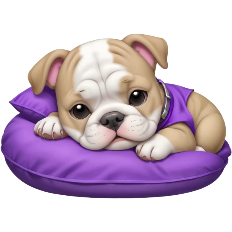 grey and white bulldog puppy sleeping with a purple collar on emoji
