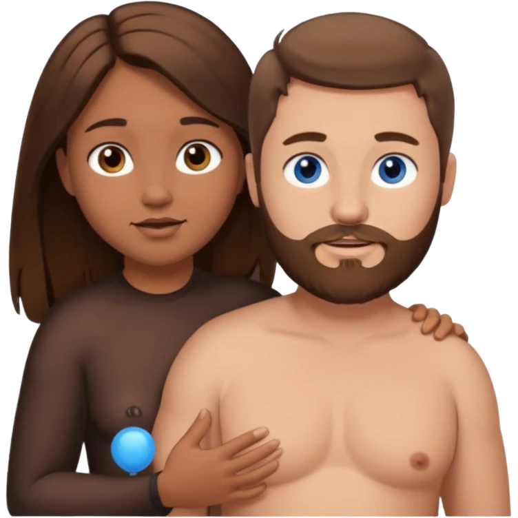 chubby white guy with brown hair and beard and blue eyes, holding a brown girl with long dark hair and dark brown eyes in arms, naked, showing tits emoji