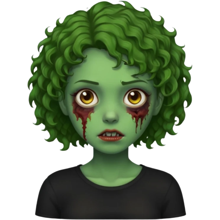 Zombie girl emoji verde com cabelo curto cacheado castanho no ombro com uma blusa preta emoji