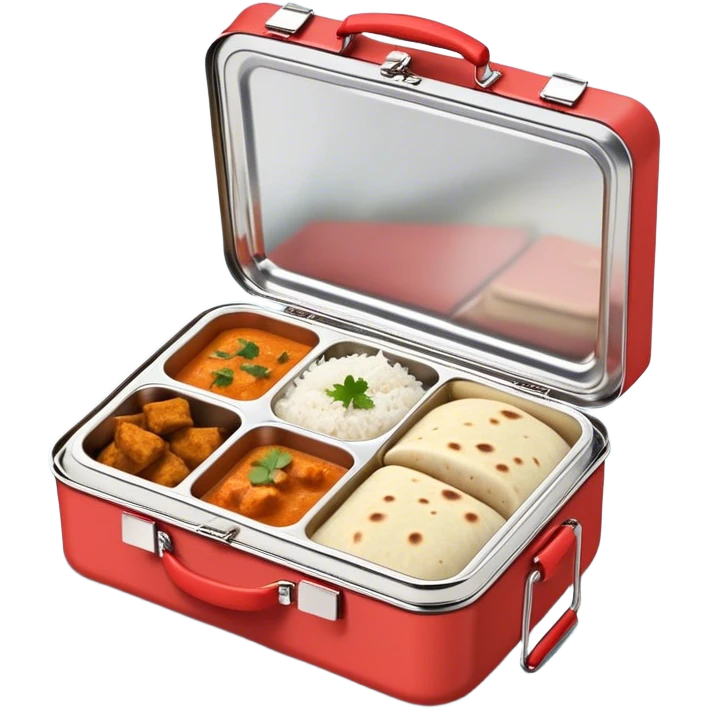 traditional Indian lunchbox (tiffin) with three compartments, each filled with Indian food—one with rice, one with curry, and one with naan or chapati. The lunchbox should be open, showing the food inside, with steam rising to indicate it’s fresh and hot. emoji